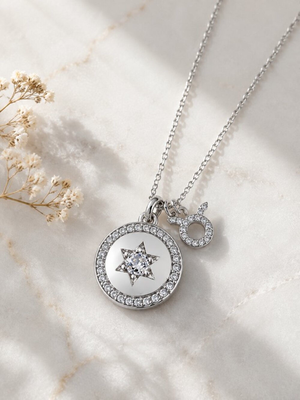 Silver Tone Taurus Zodiac Crystal Star Pendant Necklace Rhodium Plated